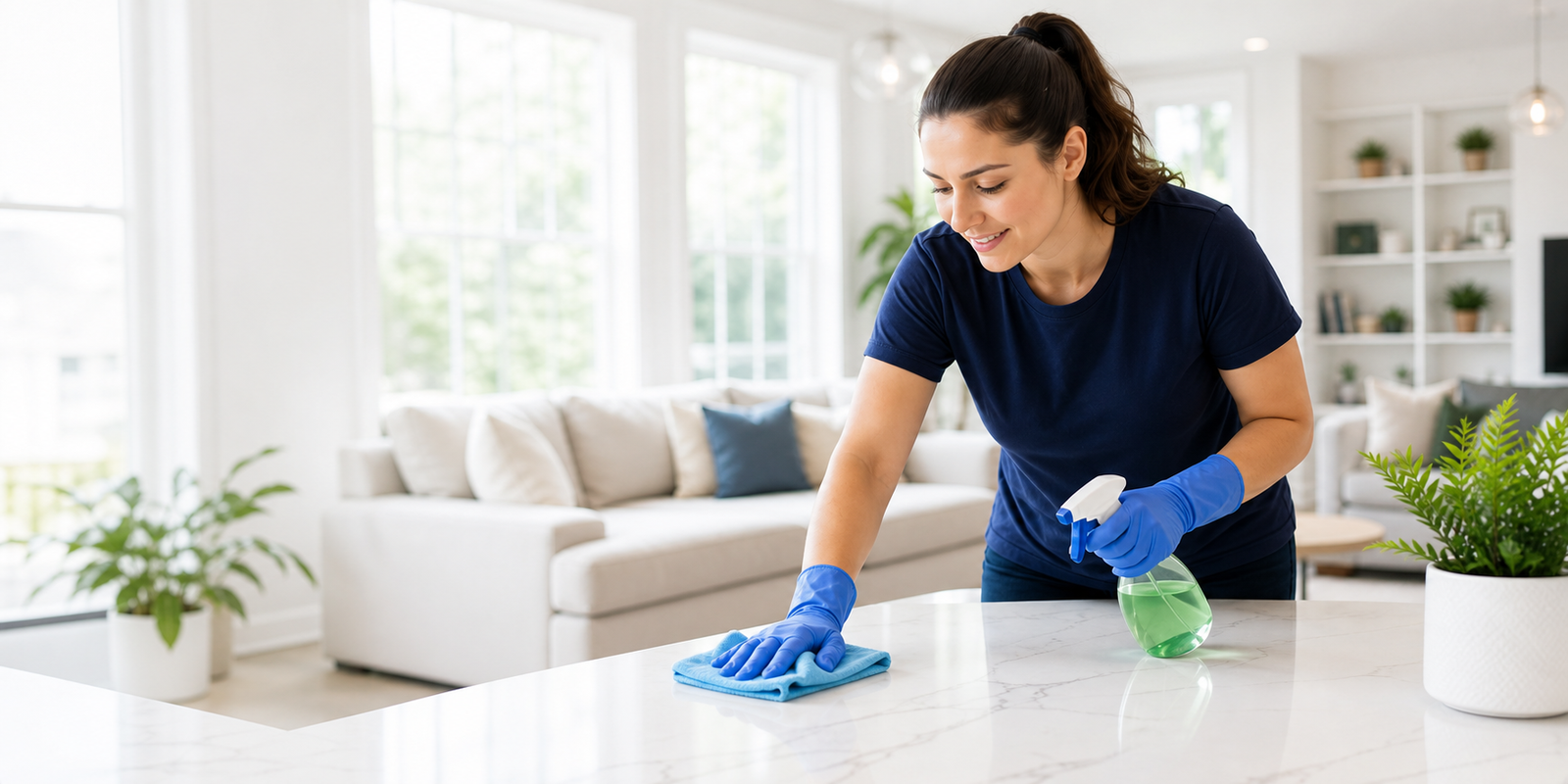 Cleaner wiping a kitchen counter in a bright living space