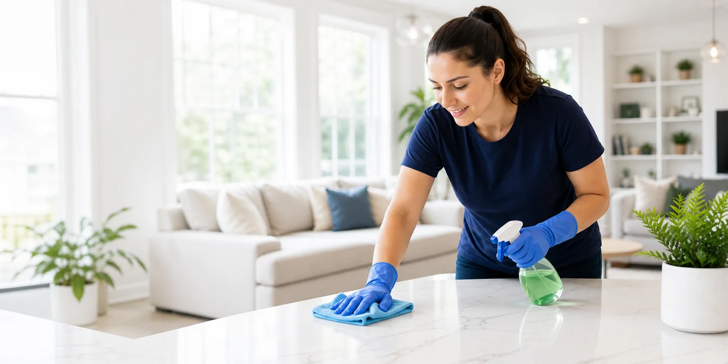 Cleaner working at a kitchen counter in a bright home