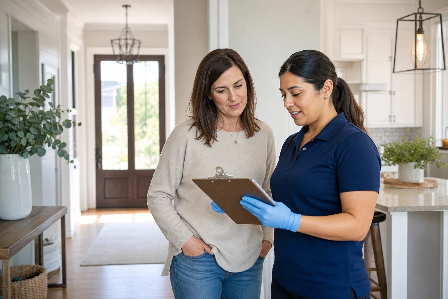 Cleaning professional reviewing quote details on a clipboard