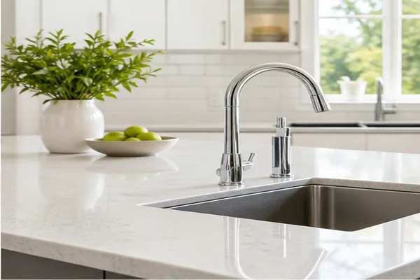 Spotless white kitchen counter and sink