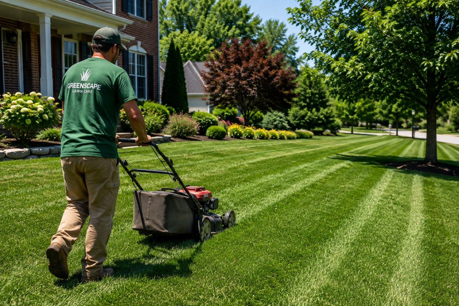 Lawn care professional mowing a beautifully striped residential lawn in Charlotte
