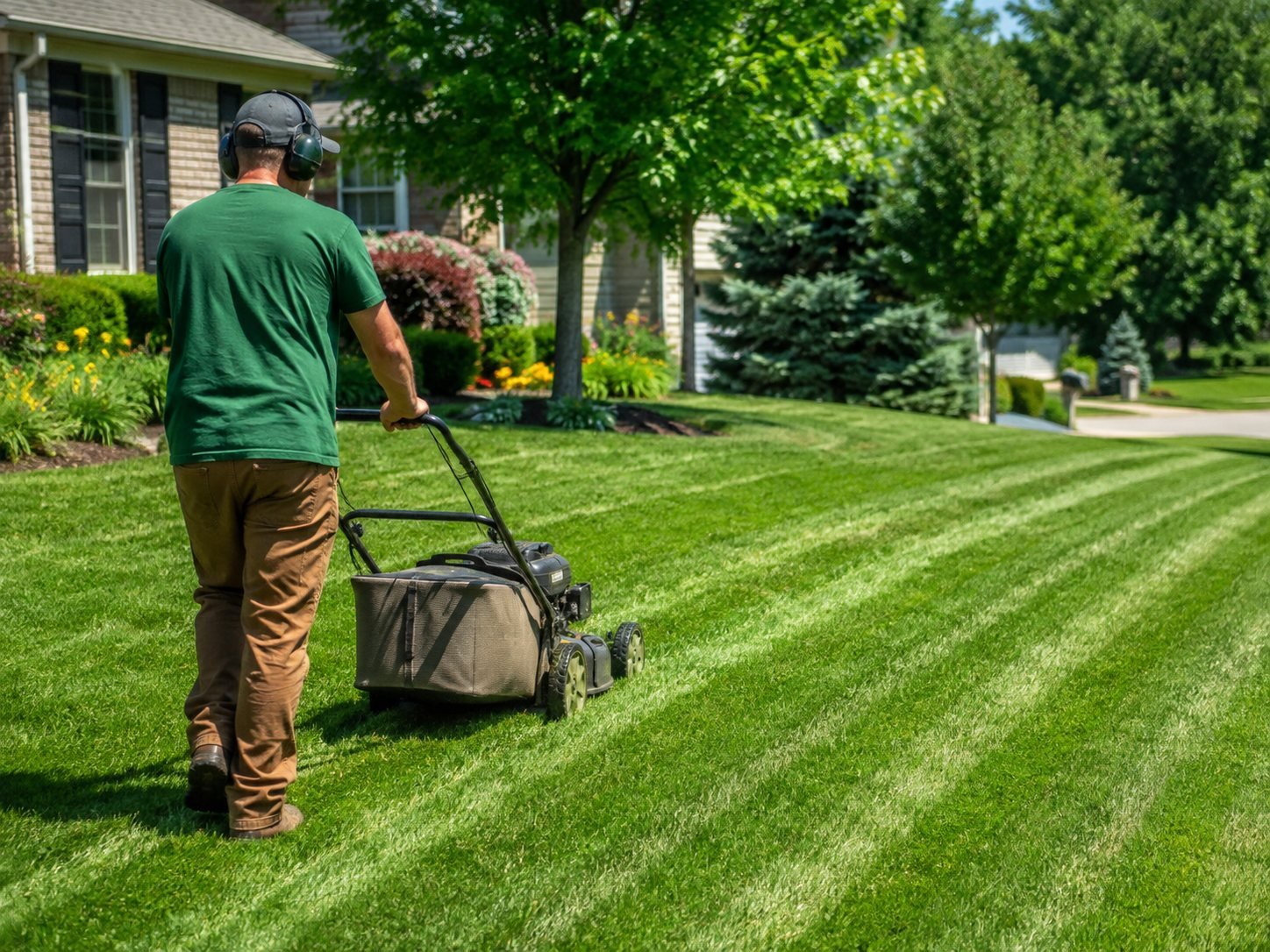Lawn care professional mowing a striped residential yard in Charlotte