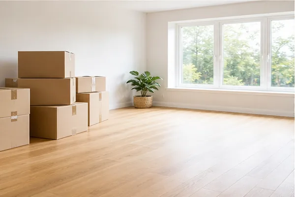 Moving boxes in a bright empty room