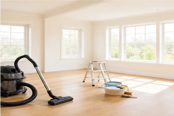 Bright renovated room prepared for final cleanup