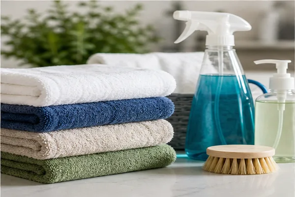 Folded towels and cleaning supplies arranged in a bright room